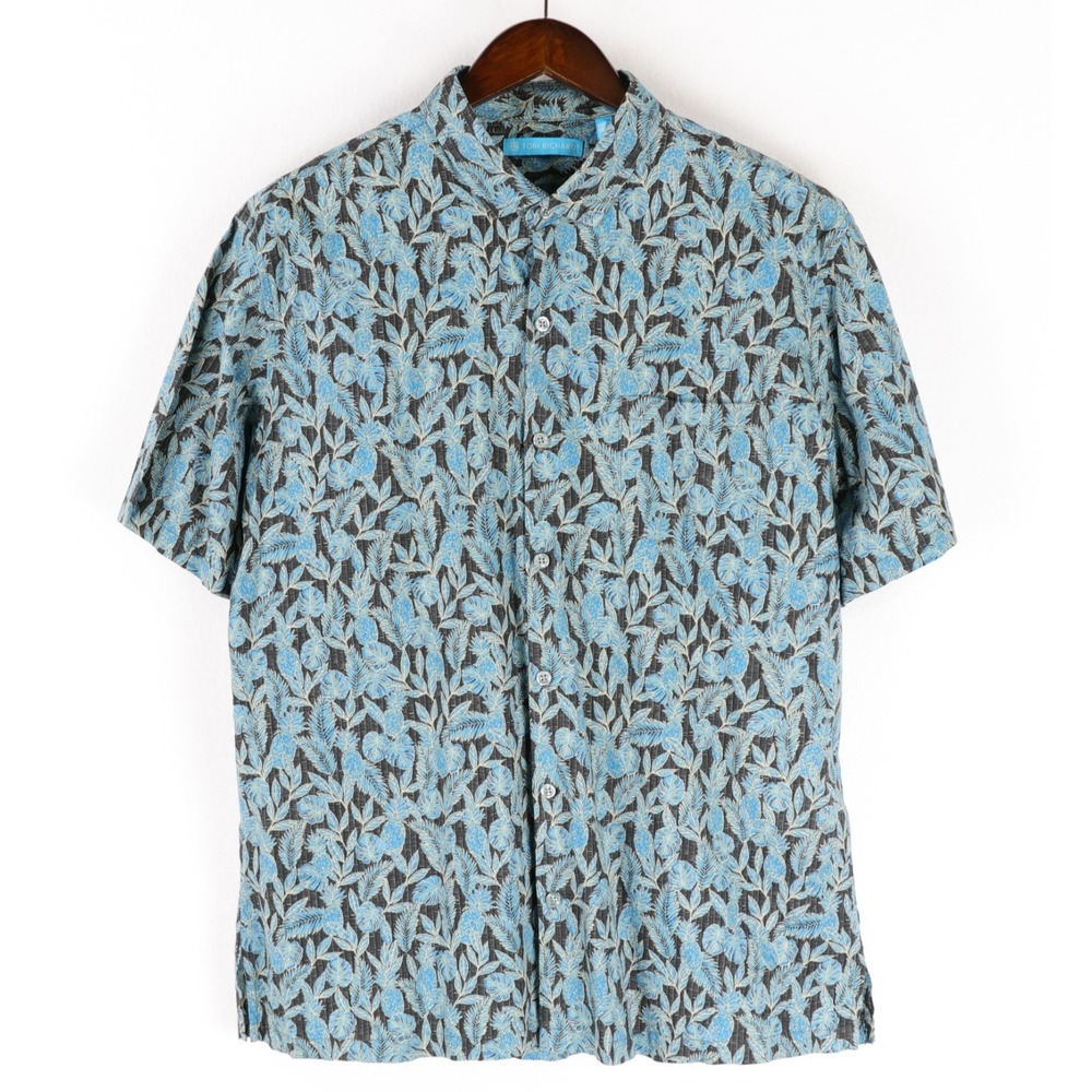 Tori Richard Short Sleeve Hawaiian Shirt Blue Pineapple Leaves Print Cotton Lawn